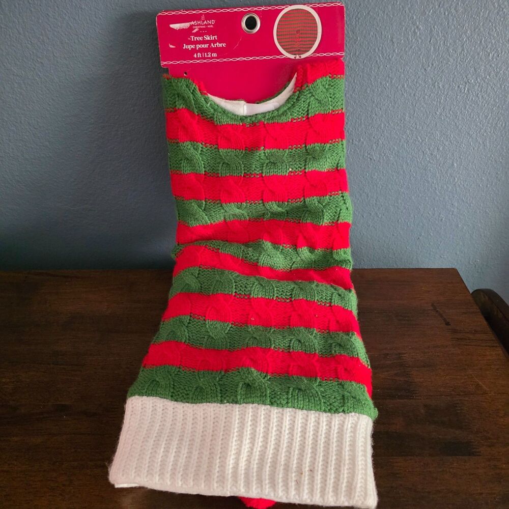 Ashland Christmas Tree Skirt 4ft Red Green Striped Cable Knit Pom Pom Ties NWT